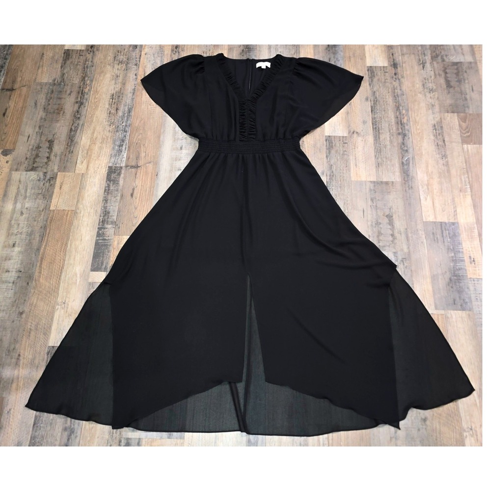 CeCe Black Ruffle V-Neck Smocked Waist Flutter Sleeve High-Low Maxi Dress XL